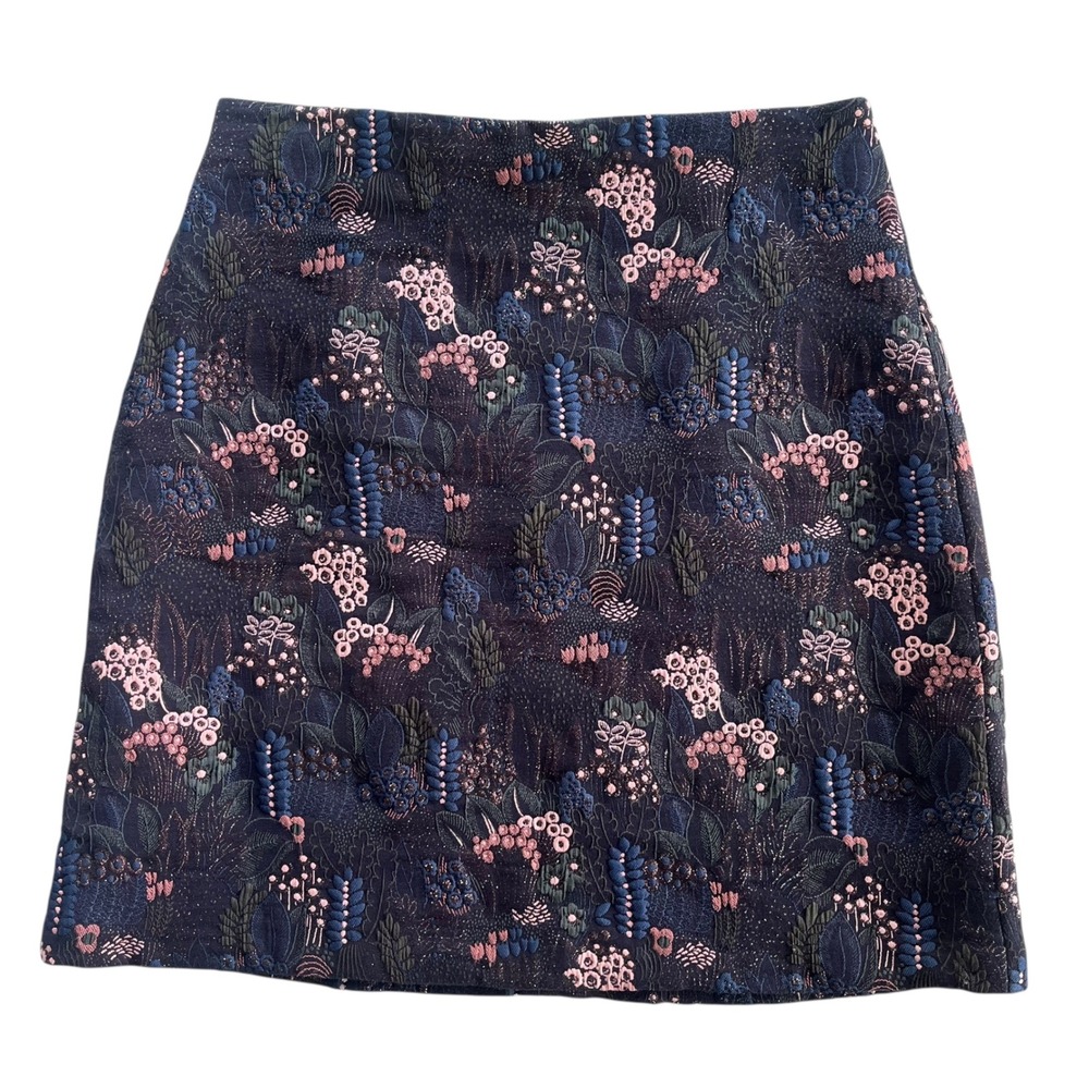Ann Taylor Women's 8 Navy Blue Pink Luxurious Night Garden Floral Jacquard Skirt